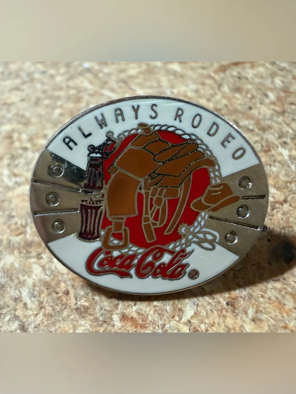 Vintage 1997 Coca-Cola Always Rodeo Cowboy Western Saddle Design Lapel Hat Pin